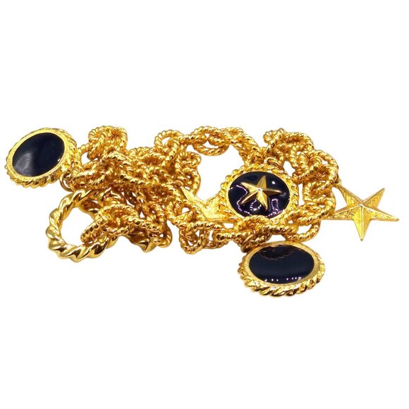Textured Links Bib Necklace with Dangling Star Charms, Gold Tone and Navy Blue - Picture 2 of 5